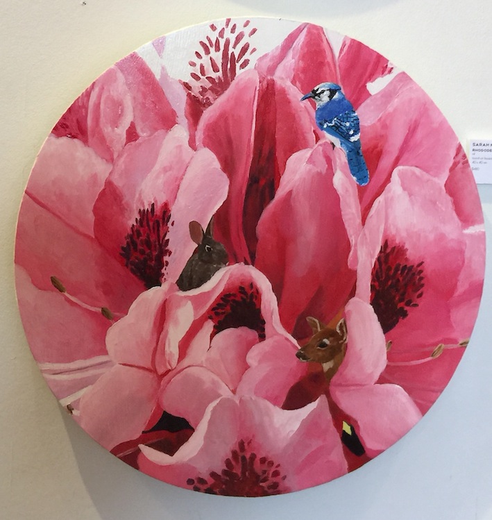 Sarah McRobie  |Rhododendron Close Up | oil  round on board | 40 x 40 cm |  $480  McATamney Gallery and Design Store | Geraldine NZ